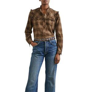 Nili Lotan Brown Plaid Celina Blouse, New With Tag, Size S
